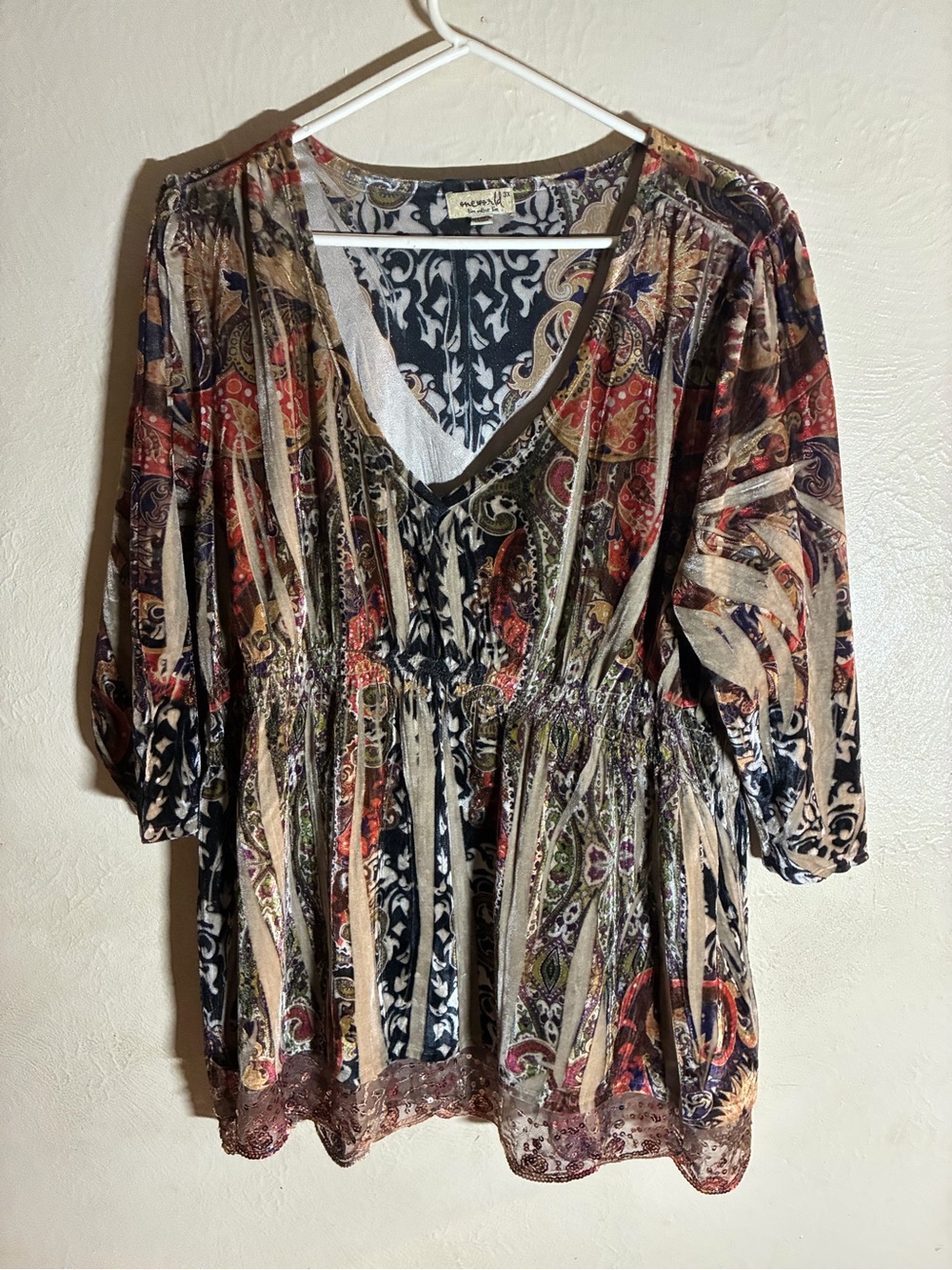 Boho V-Neck Peasant Top in Multicolor,Velvet burnout sequence,One World Plus siz